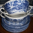 "Grindley...English Country Inns"...6 Suppentassen mit Teller...Blau/Weiß..