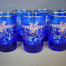 6 alte Gläser Böhmen kobaltblau mit Goldrelief  