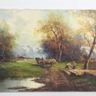 Ölgemälde Alpenländische Landschaft Waldarbeiter sig. H. Stadelhofer ~1950/60