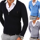 Redbridge 2in1 Longsleeve mit Hemd-Einsatz V-Neck T-Shirt Schwarz/Grau/Blau NEU