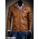 Herren Kunstlederjacke Jacke Sweatjacke Zipper Bikerjacke Kapuze Schwarz Camel