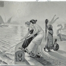 WOVEN SILK PANEL SHOWING ROMAN GIRLS FISHING, BY VASSARI, 19 x 15 CM