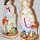 ANTIQUE GERMAN DRESDEN? PORCELAIN FIGURINES OF BOY GIRL & DOGS CROSSED SWORD MK
