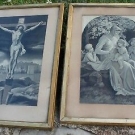 2 anciens tableaux religieux en soie de saint Etienne . ( ésotérisme )