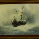 Oil on board signed PJ Wintrip. Ship in stormy seas