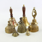 8 x Vintage BRASS BELLS Inc. Lady Bells, Enamel, Wooden Handle Etc (2239g)